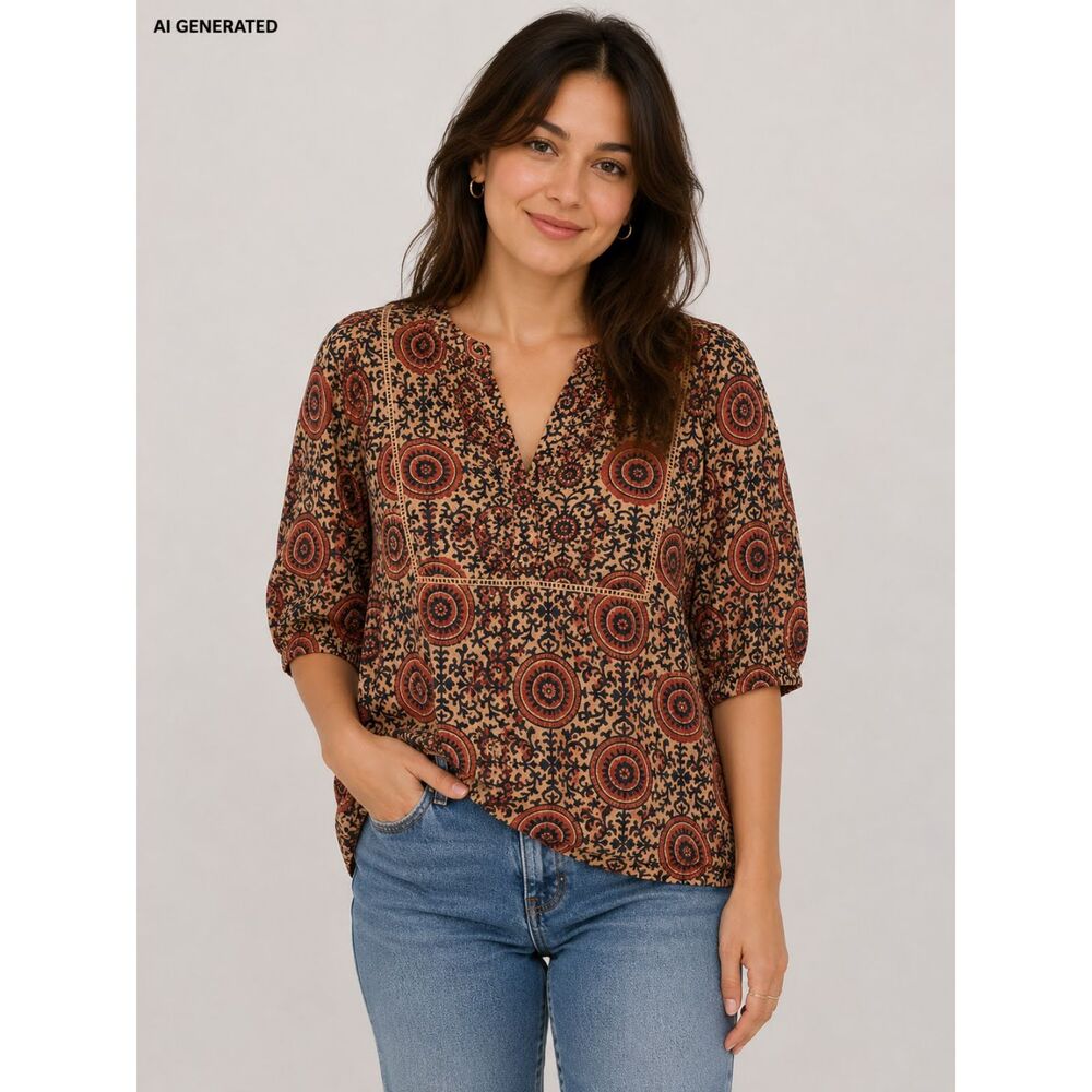 Evereve Maya Printed Blouse Medium M Boho Medallion Split Neck Rayon Top Casual